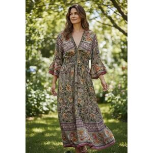 Woman's Boho Indie Long Dress Flare Sleeves Floral Maxi Size Large V-neck Whimsy